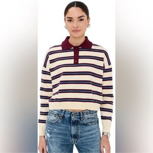 LE BOP Striped Burgundy Polo Sweater Sweatshirt Oversized Contemporary XS